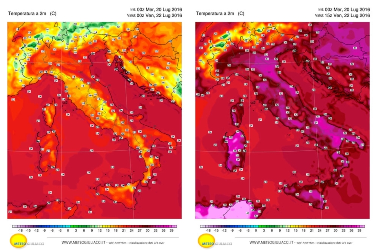 Le temperature minime (sulla sinistra) e massime (sulla destra) previste per venerdì 22 luglio
