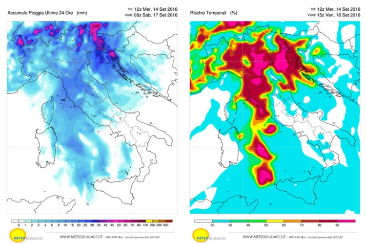 Le precipitazioni previste (a sinistra) ed il rischio temporali (a destra) per la giornata di sabato