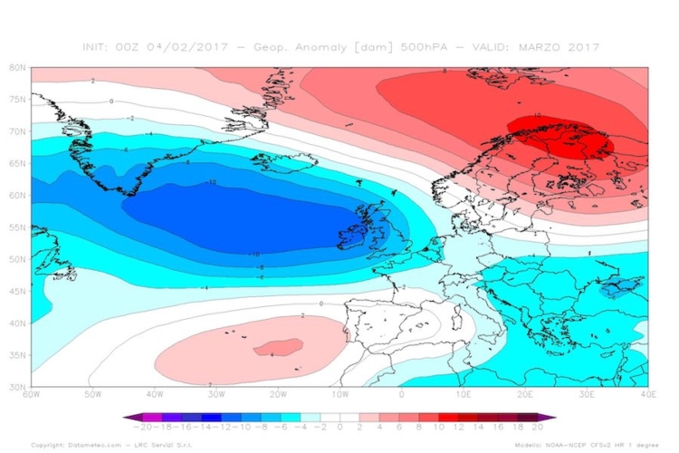 Carta delle anomalie termiche previste dal modello climatologico CFS V2 con elaborazione Datameteo per il mese di marzo
