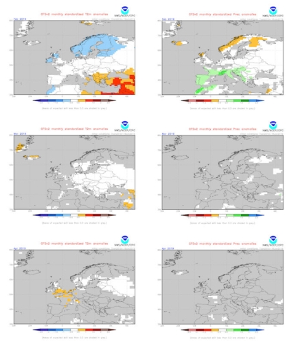 Anomalie termiche (a destra) e precipitative (a sinistra) per il trimestre febbraio, marzo e aprile 2019