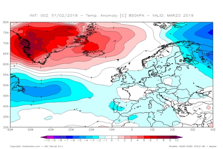 Carta delle anomalie termiche a 850hPa (1500 m) previsto dal modello climatologico CFS V2 con elaborazione Datameteo per il mese di marzo 2019