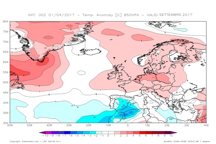 Carta delle anomalie termiche previste dal modello climatologico Cfs V2 - elaborazione DataMeteo - per il mese di settembre 2017