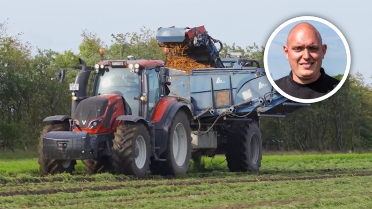 Uno dei 25 trattori Valtra al lavoro durante la raccolta di carote prodotte nell'azienda di Peter Vestergaard