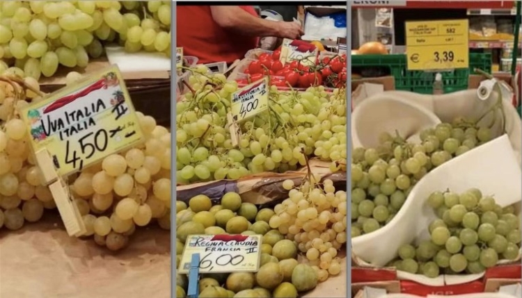 Nella foto il prezzo massimo -  6 euro al chilo -  è attribuito però ad uva da tavola proveniente dalla Francia